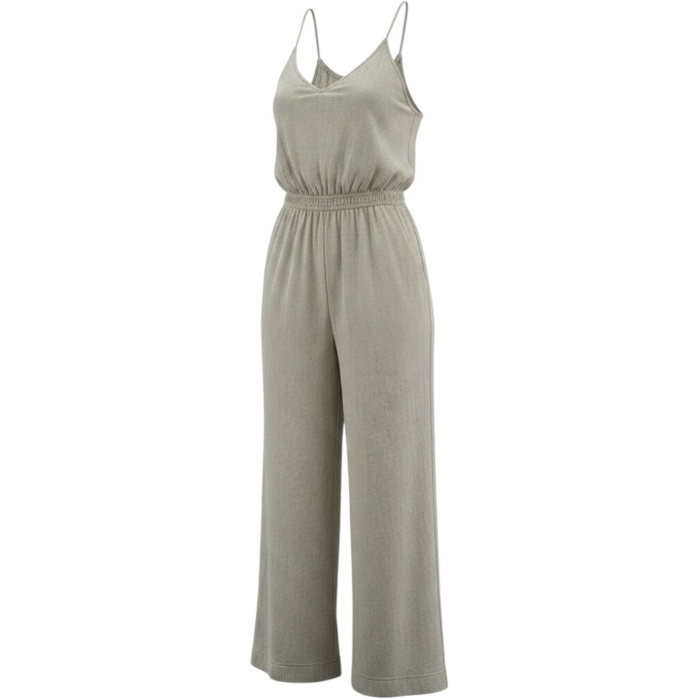 Monteau Los Angeles Large Linen Blend Smocked Wide Leg Jumpsuit Beige Summer